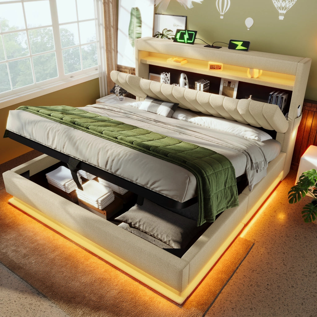 Letto matrimoniale imbottito 140x190 cm beige con contenitore