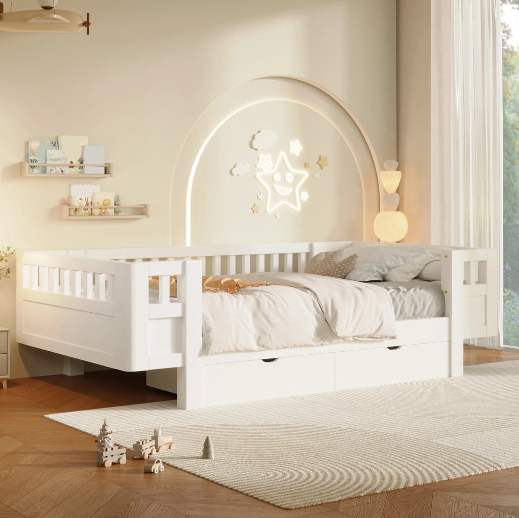 Letto singolo per bambini 90x200 cm con sponde e 2 cassetti bianco