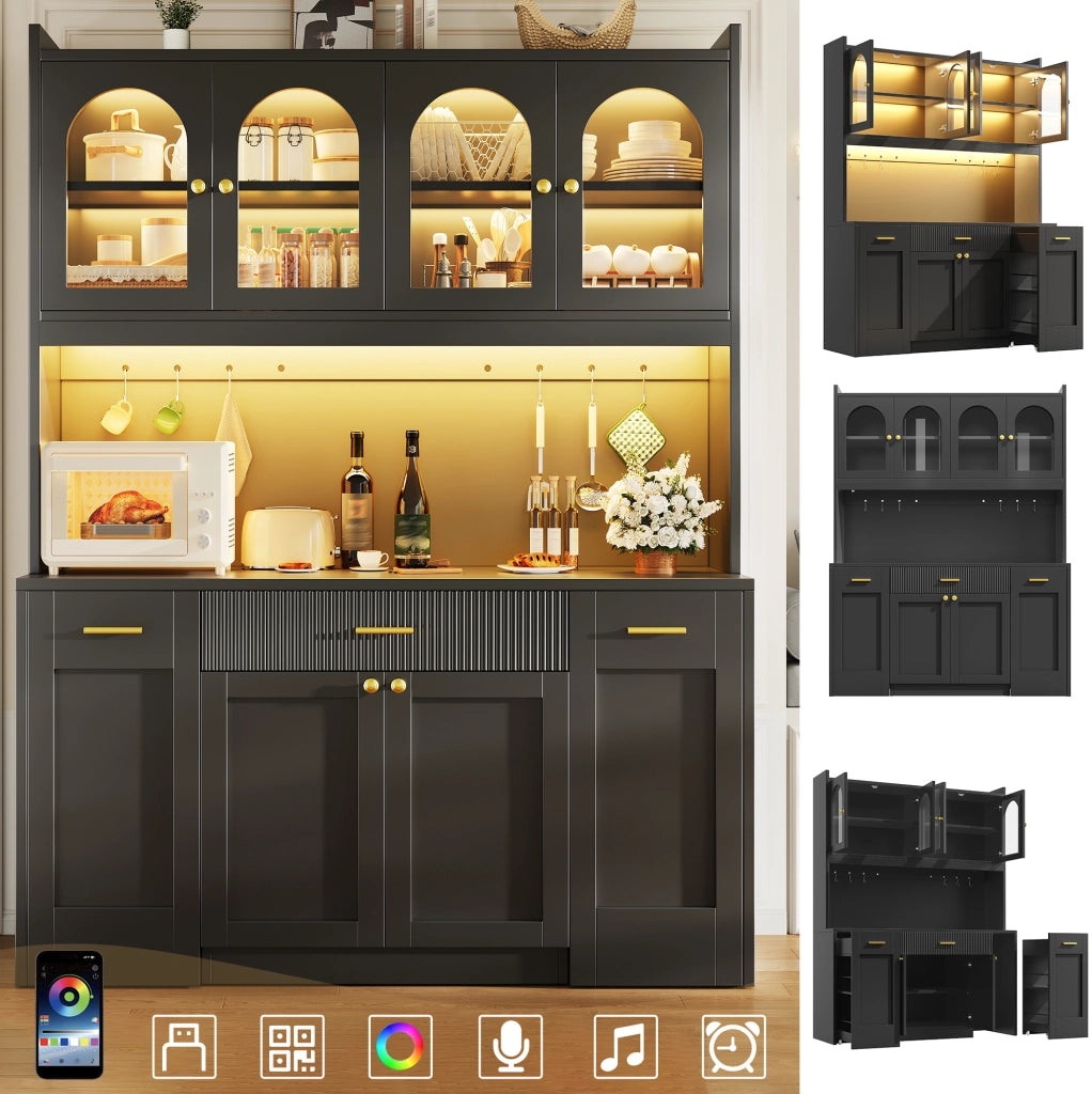 Mobile alto da cucina nero 120 cm con LED RGB e vetrine
