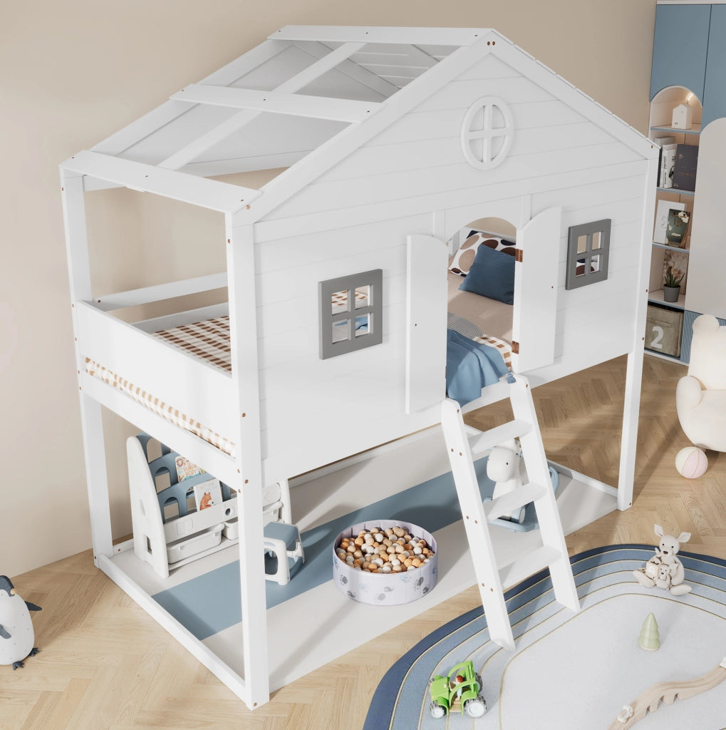Letto a soppalco per bambini 90x200 cm con scala e protezione anticaduta; bianco e grigio