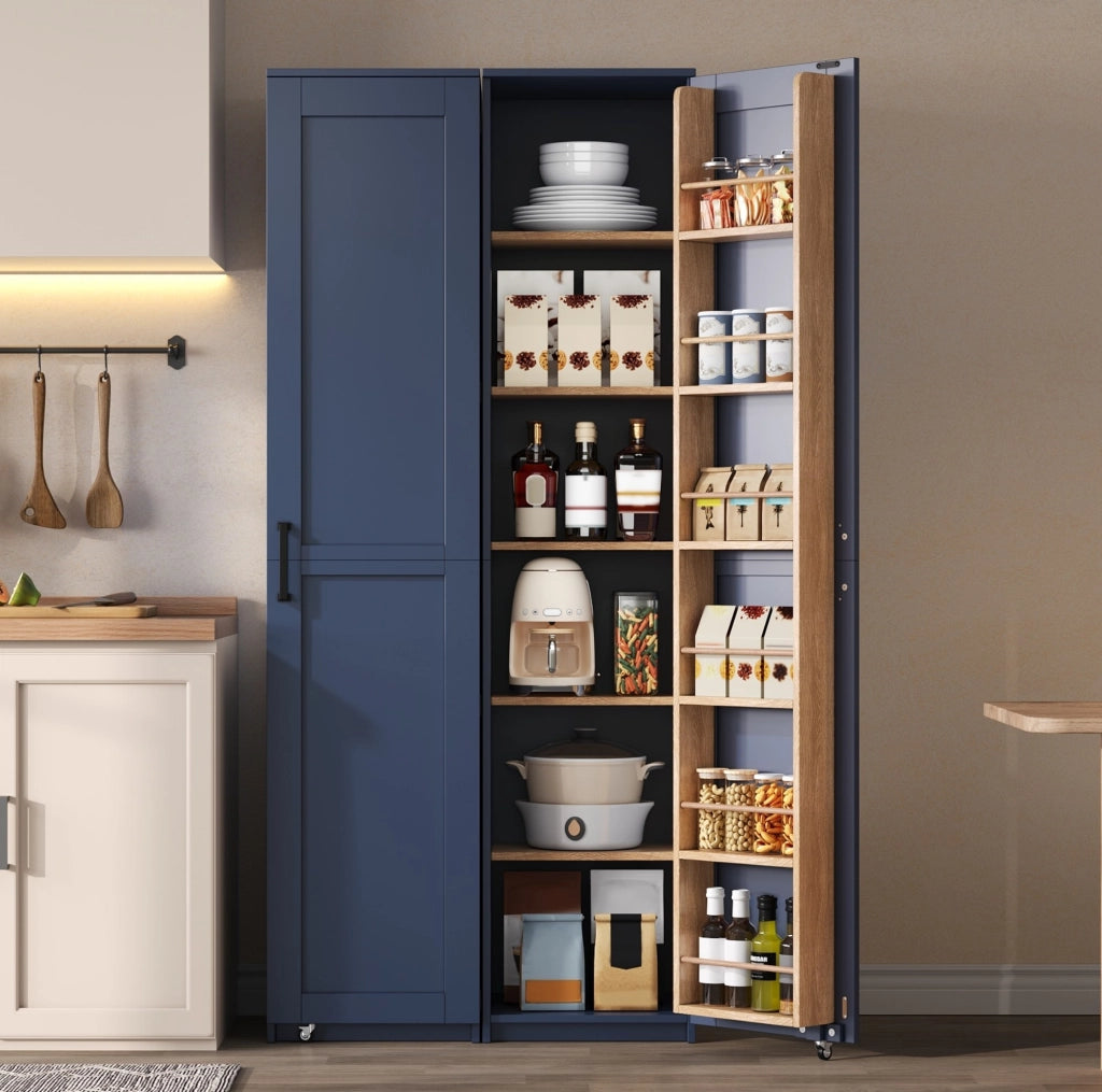 Armadio alto blu in MDF con ripiani regolabili e vani nell’anta, 40 × 40 × 183 cm