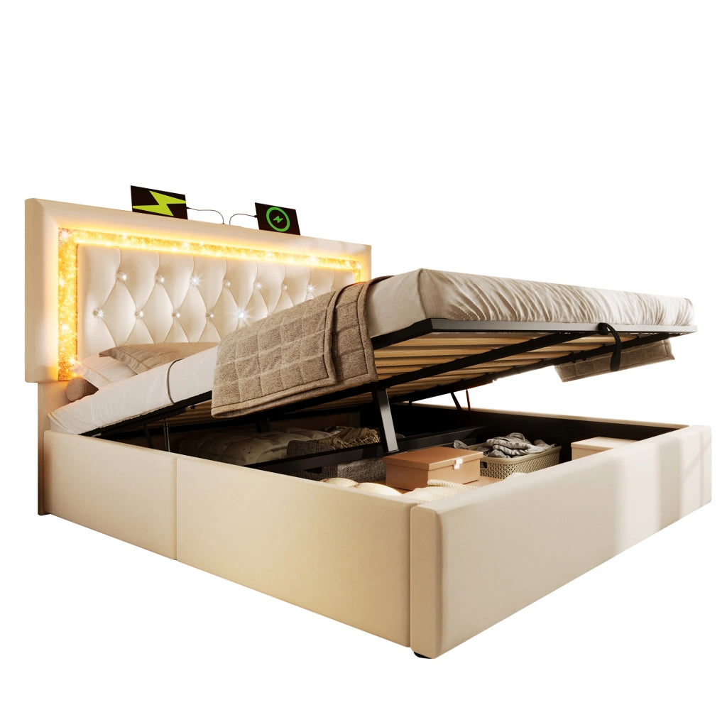 Letto imbottito beige 140x200 cm con testiera LED
