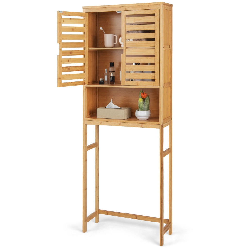 Bamboo Toilet Cabinet with 2 Slatted Doors & Open Shelf & Adjustable Crossbar