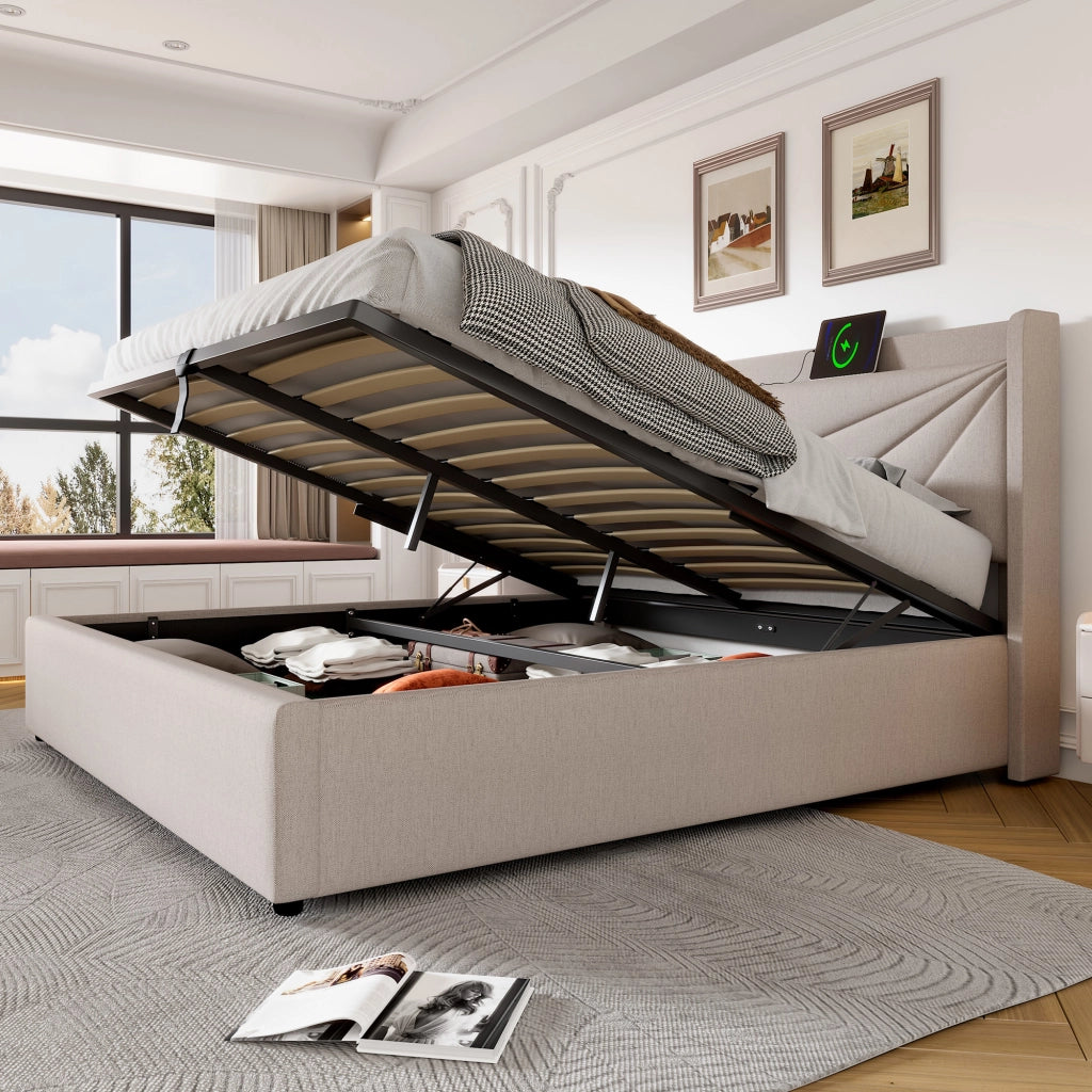 Letto matrimoniale contenitore 140x200 beige con testiera USB e Tipo-C
