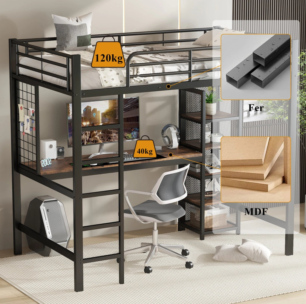 Letto a soppalco 90x200 cm con scrivania e scaffale in metallo e MDF nero