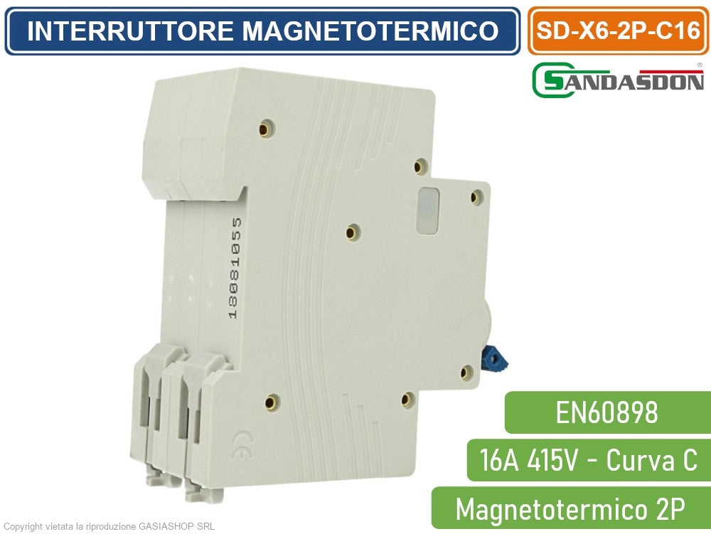 SANDASDON INTERRUTTORE MEGNETOTERMICO PER BARRA DIN 2 MODULI 2P 415V CURVA C 6KA 16A
