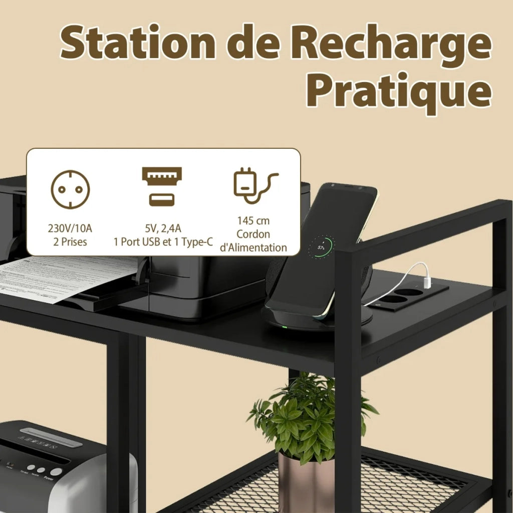 Printer Stand with Charging Station, 3-Tier Printer Table with Storage Shelves, Mobile Stand, Black