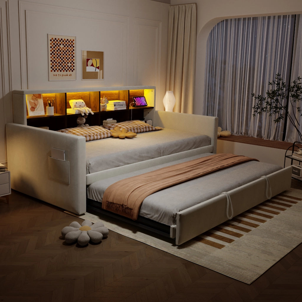 Divano letto imbottito 90x190 cm con contenitore, LED e prese integrate, velluto beige