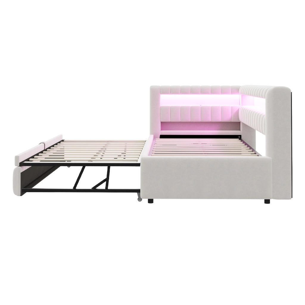 Letto imbottito estraibile con LED USB e Type C in velluto beige con rete a doghe e ripiani