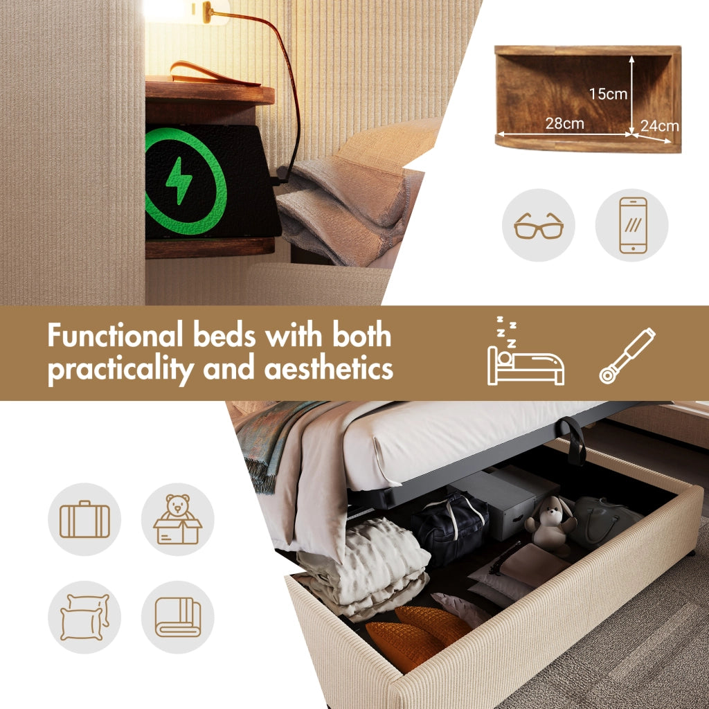 Letto Contenitore 160 x 200 cm - USB, Tipo C e Lampada - in Velluto a Coste Beige