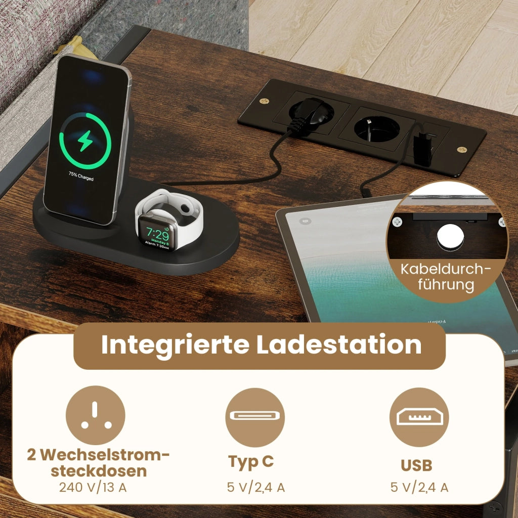 Nightstand with charging station, industrial side table with open compartment, drawer & shelf, rustic brown