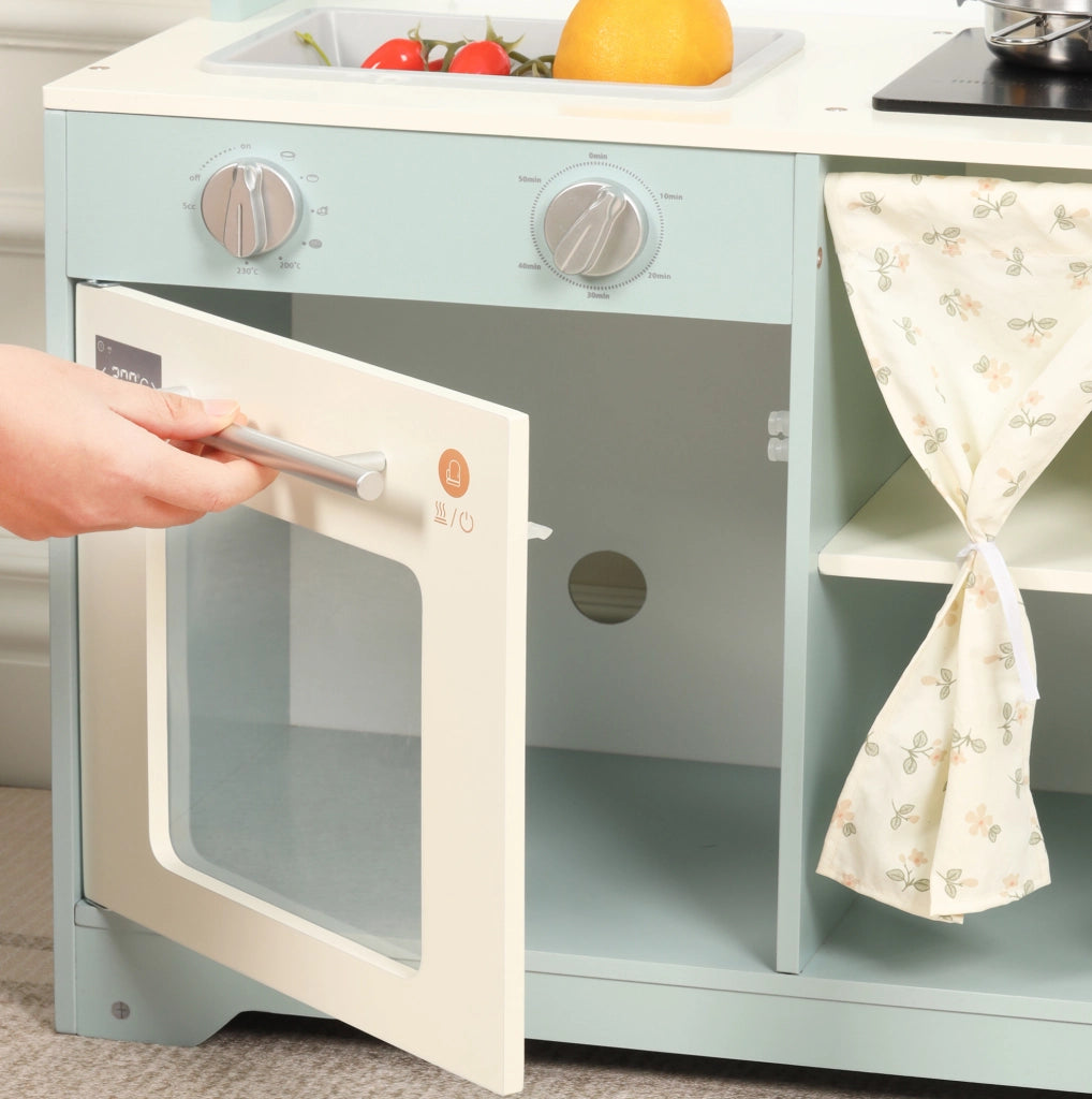 Cucina giocattolo per bambini 60x29x81 cm con microonde e accessori; blu in MDF e plastica