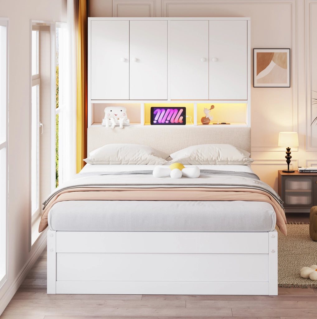 Letto singolo 90x200 cm bianco con LED, prese e 2 cassetti