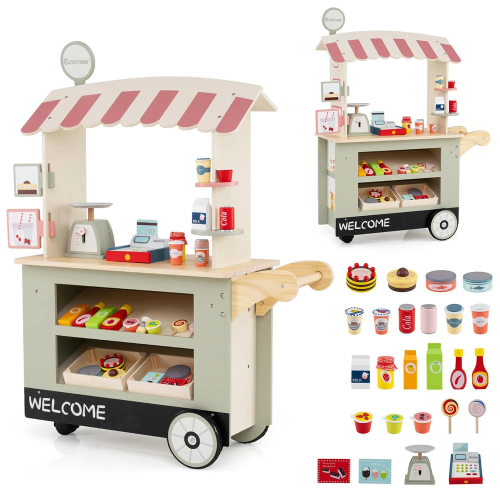 Carrello Giocattolo per Bambini con Macchina POS Bilancia e 30 Accessori in MDF Verde Robusto e Pratico