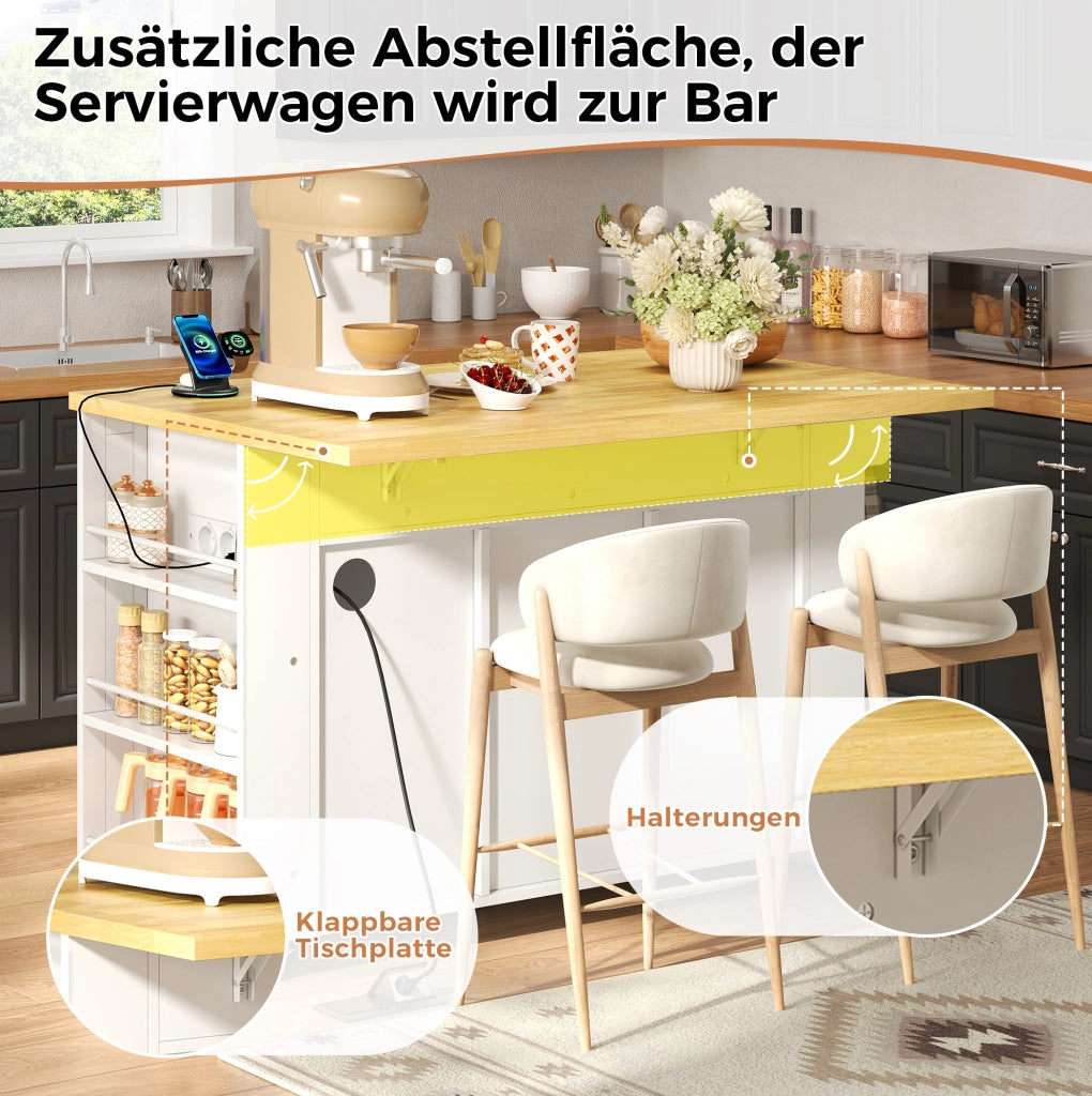 Isola cucina mobile con piano pieghevole e prese, 130x50(80)x87 cm
