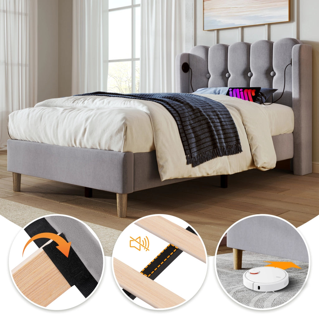 Letto singolo imbottito 90x200 cm grigio con ricarica USB-C