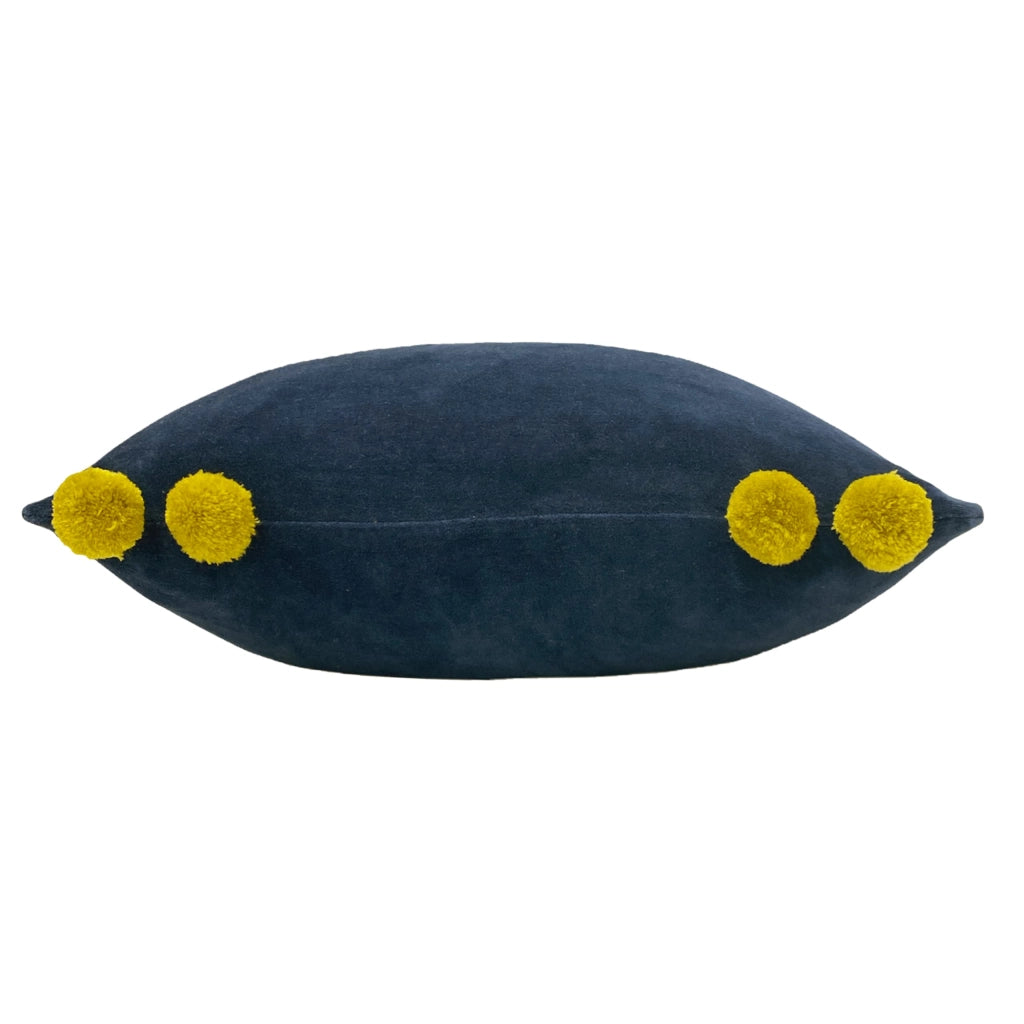 Cuscino con pon-pon, 45 x 45 cm, blu scuro/oliva, 100% cotone, con imbottitura