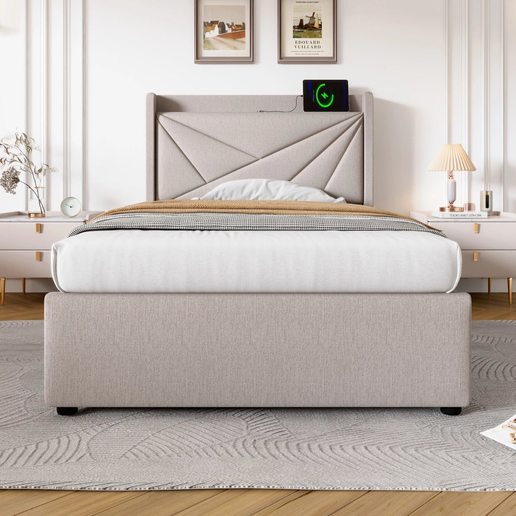 Letto singolo 90x200 con contenitore; testiera USB e Tipo C
