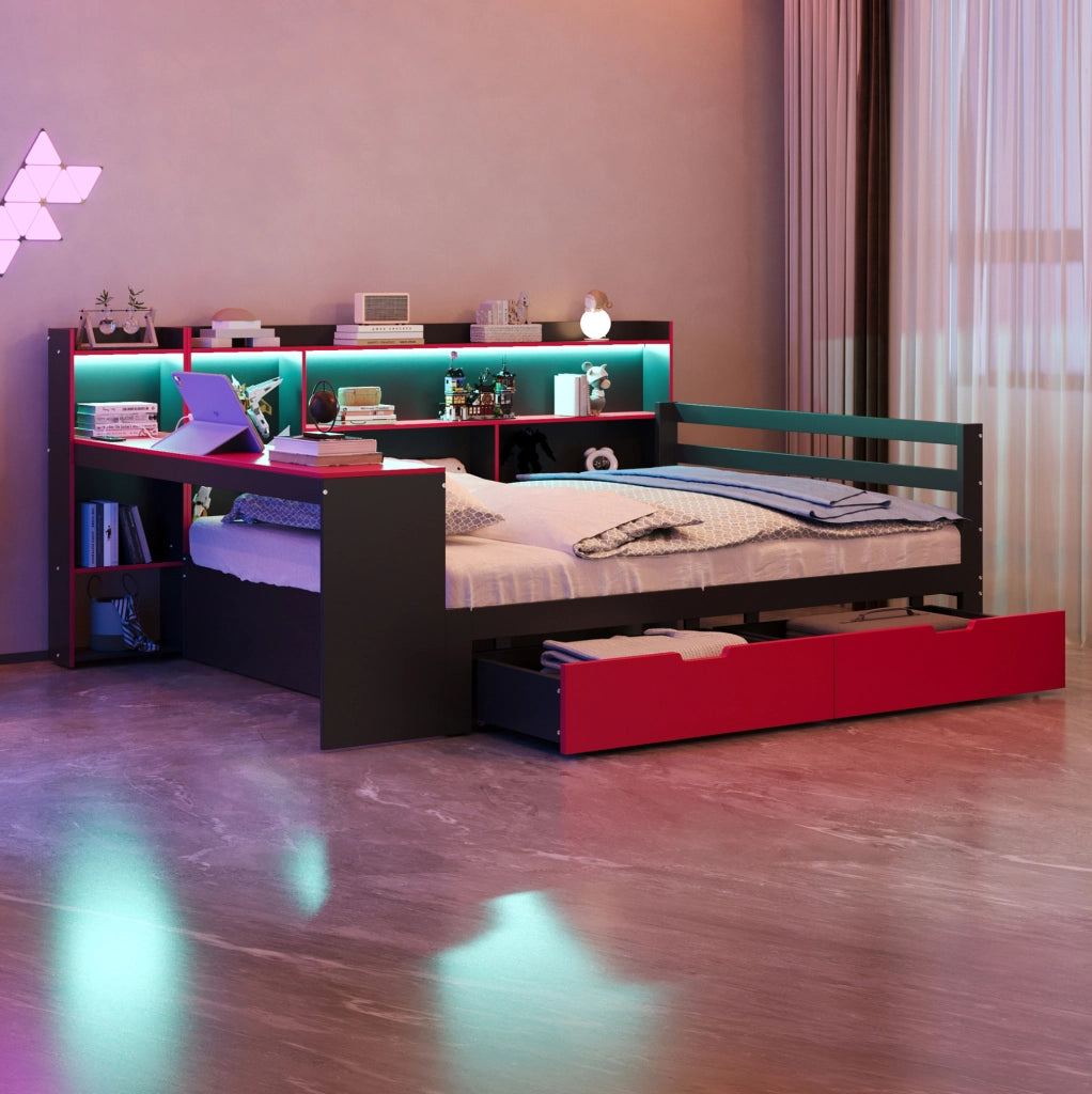 Letto matrimoniale multifunzione 140x200 cm con scrivania; LED e USB; nero e rosso