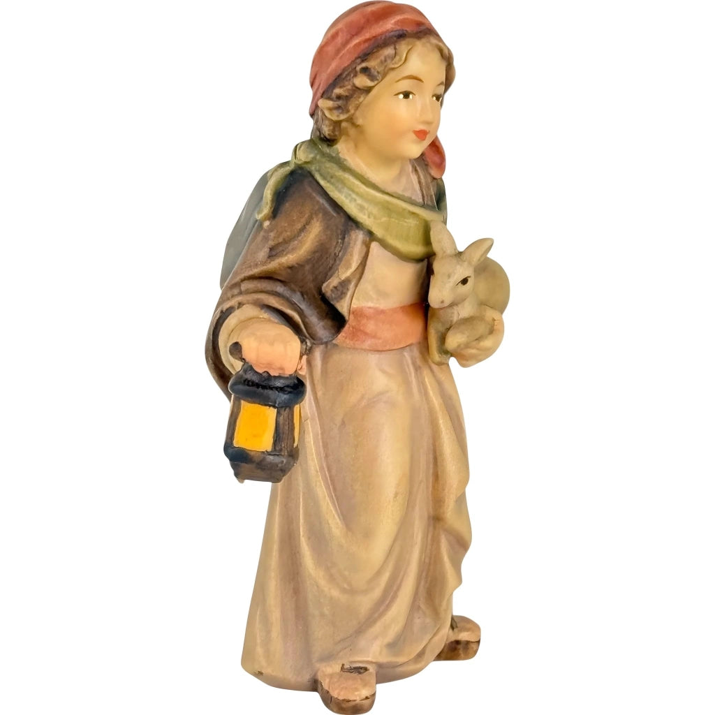 Pastore con lanterna e coniglio, 8 cm, statuina di legno dipinta a mano per presepe