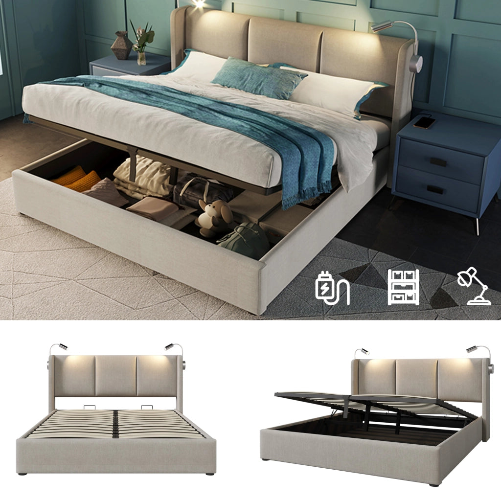 Letto matrimoniale 140x200 beige con contenitore