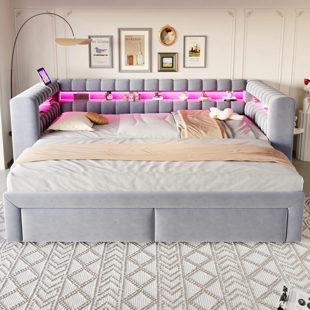 Divano letto estraibile 90 × 190 cm in velluto grigio chiaro con cassetti LED USB e Type-C e vani integrati