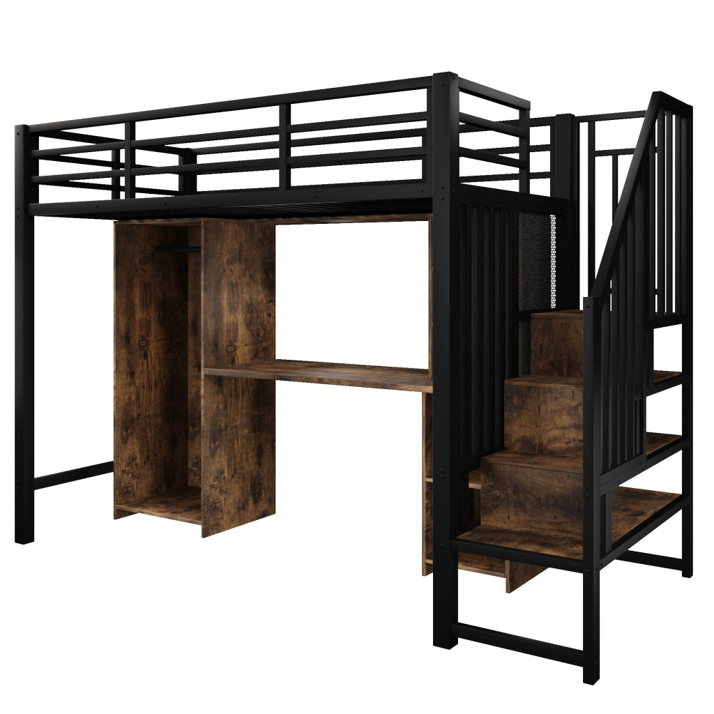 Letto a soppalco 90x200 cm nero con scrivania e armadio