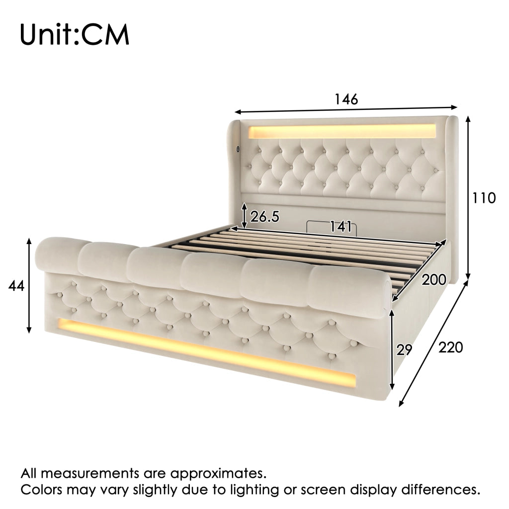 Letto matrimoniale contenitore 140 × 200 cm in velluto beige con LED USB e Type-C