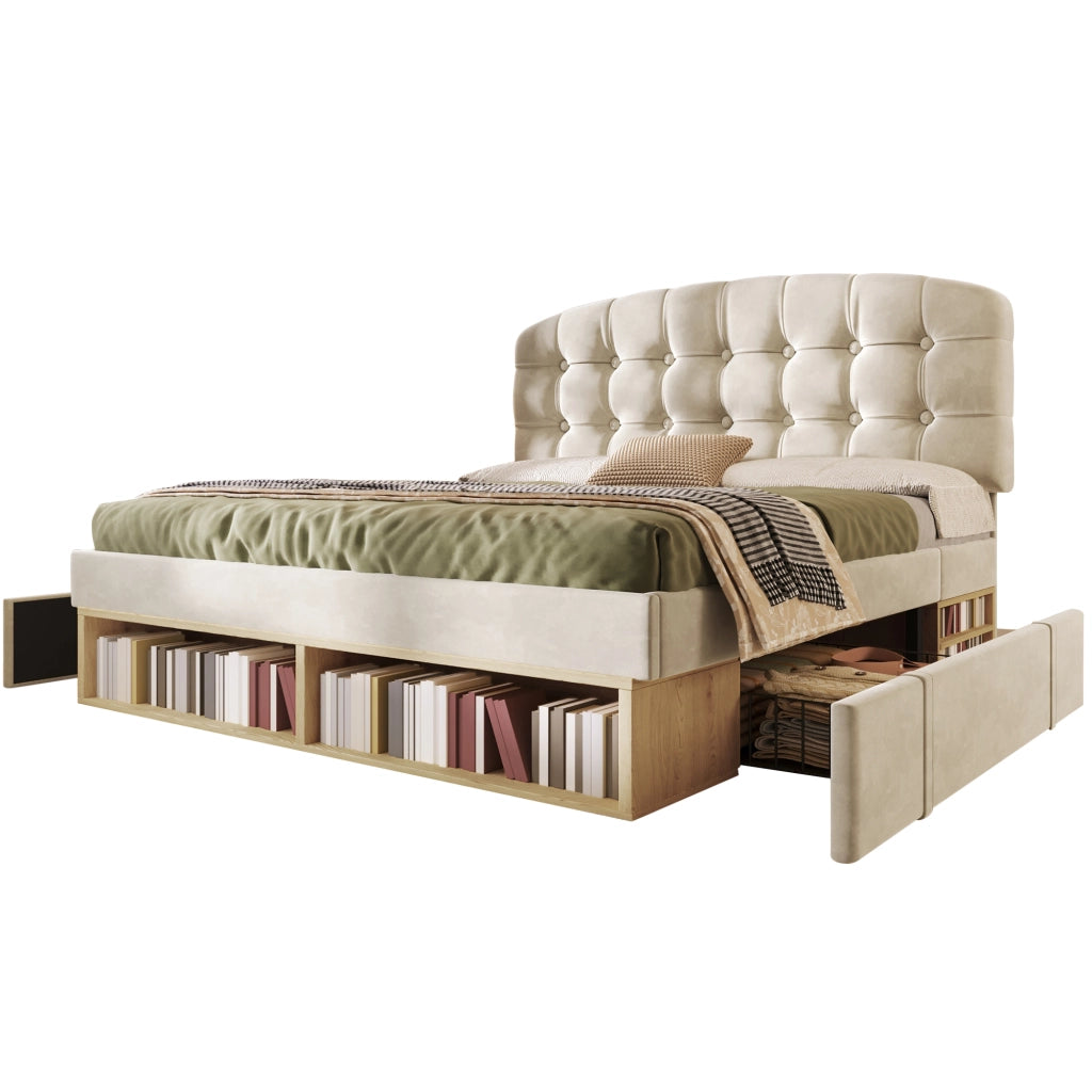 Letto imbottito beige 140x190 cm con cassetti