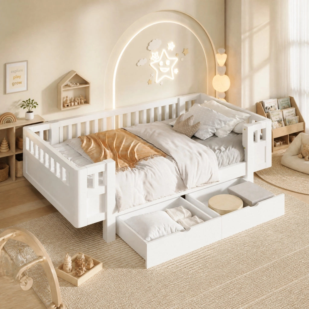 Letto singolo per bambini 90x200 cm con sponde e 2 cassetti bianco