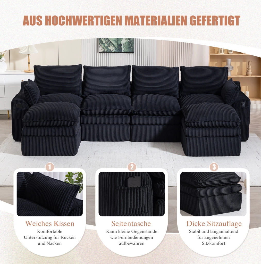 Divano modulare ULEVR 335x167x85 cm in velluto a coste nero con tasche laterali e cuscini