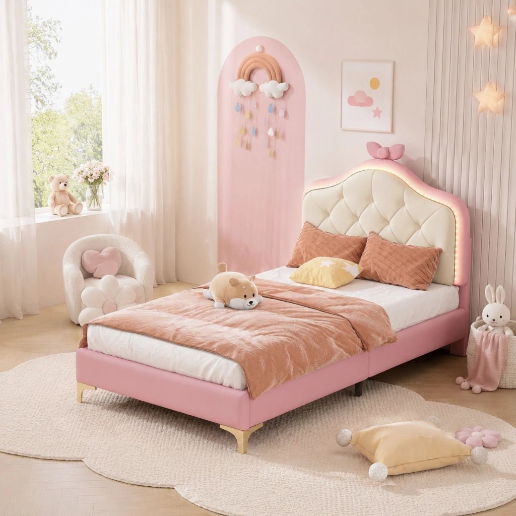 Letto singolo imbottito 90x200 cm con LED multicolore e rete a doghe; rosa e bianco