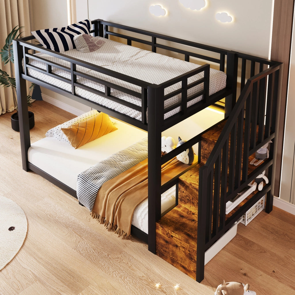 Letto a castello 90x200 cm con scala contenitore e luci LED