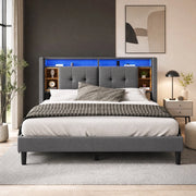 LETTO Imbottito 160x200 cm grigio con testiera contenitore, prese USB e LED