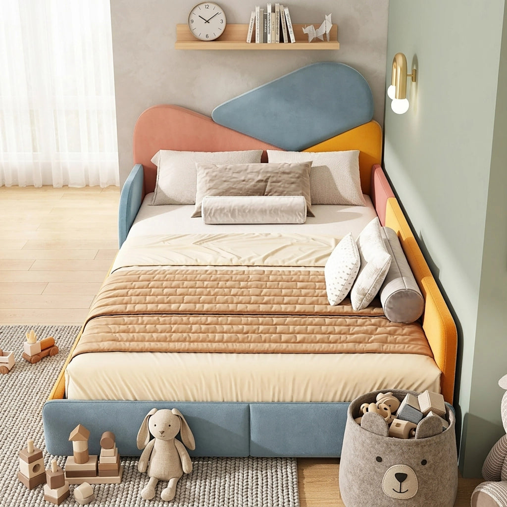 Letto per bambini imbottito 140 × 200 cm in velluto francese blu rosa e arancione con sponde rialzate patchwork