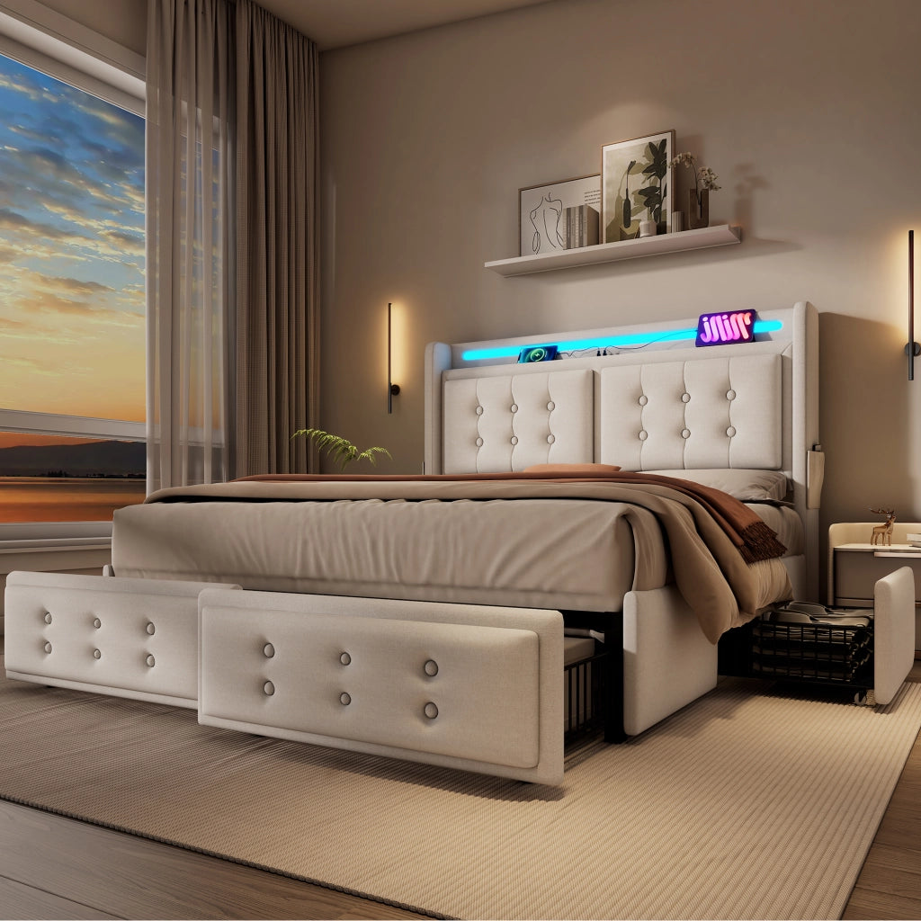 Letto matrimoniale 140x200 beige con LED e 4 cassetti