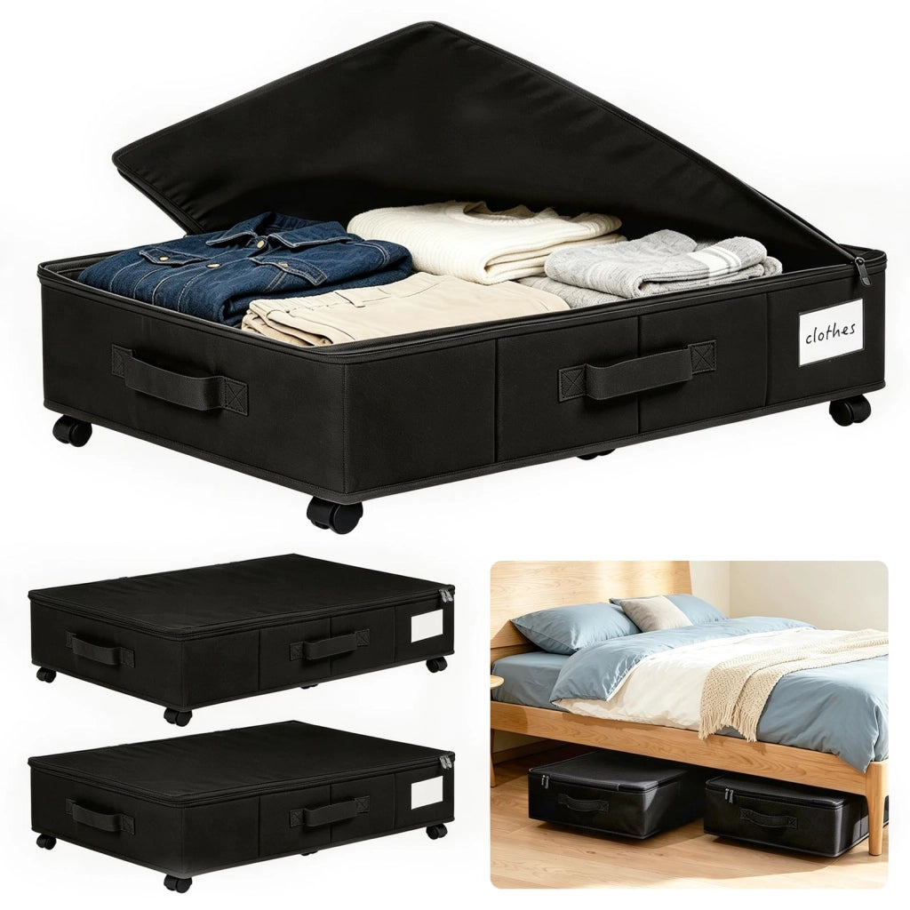 Comodino da sottoletto con ruote, 2 pezzi, pieghevole, colore nero