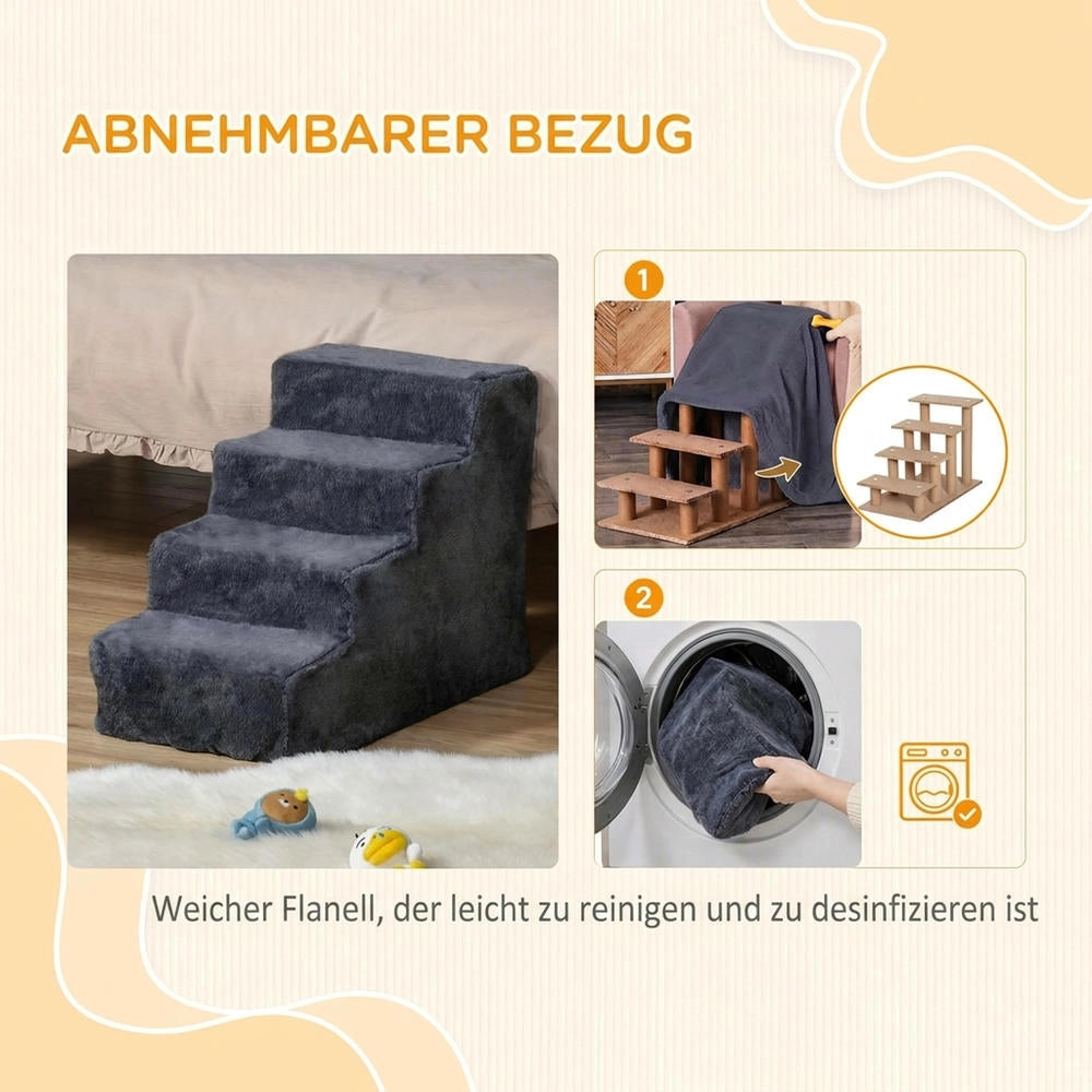 Scaletta per Cani e Gatti a 4 Gradini Altezza 44 cm Grigio Scuro con Rivestimento Sfoderabile Leggera e Portatile per Casa