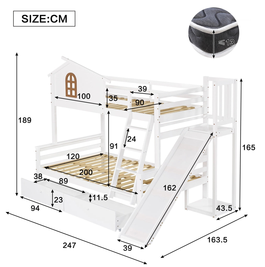 Letto a castello 90x200 e 120x200 cm con scivolo; cassetti e scala; bianco