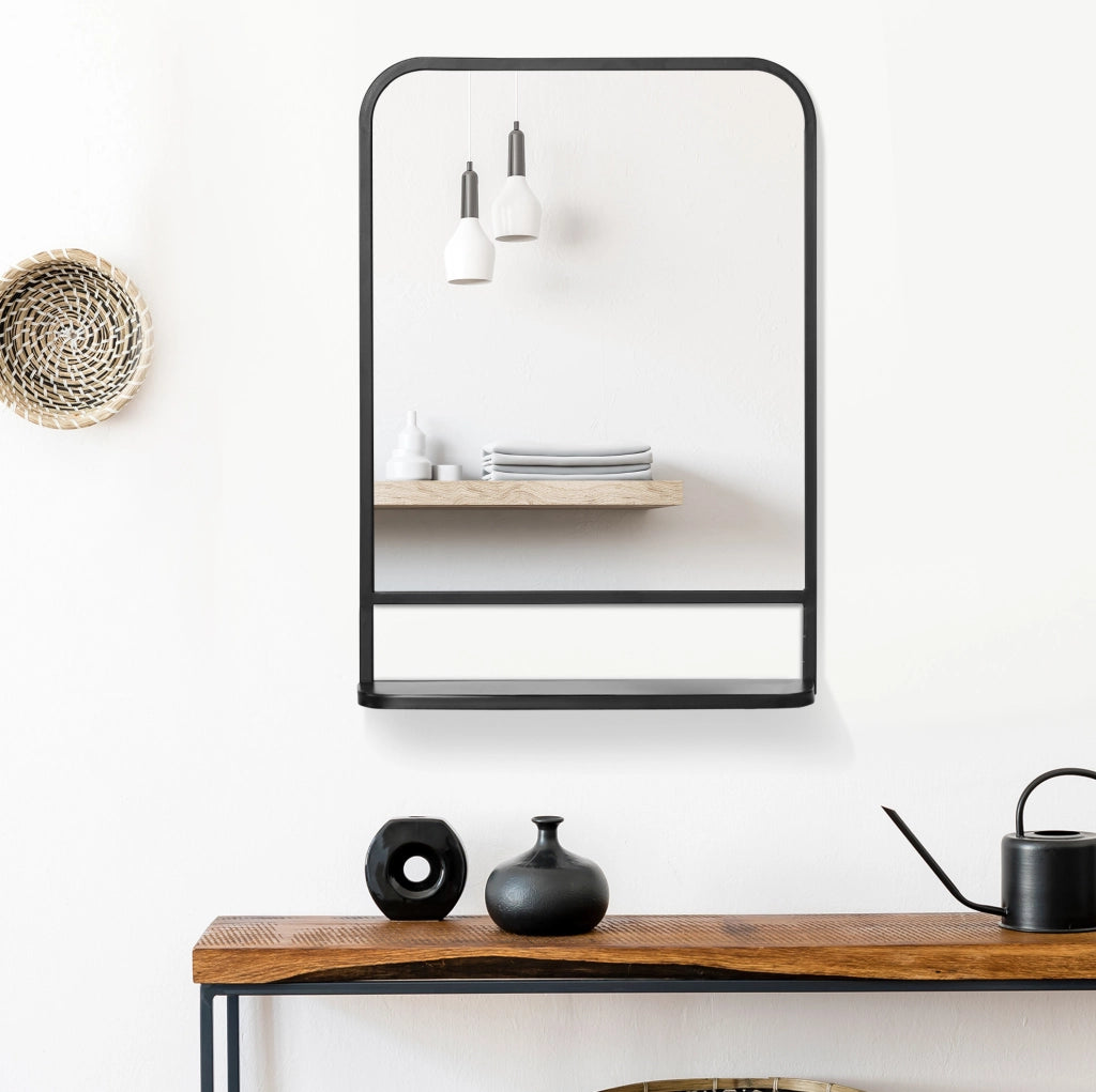 SPECCHIO da parete con mensola 70x50 cm, cornice in ferro nero