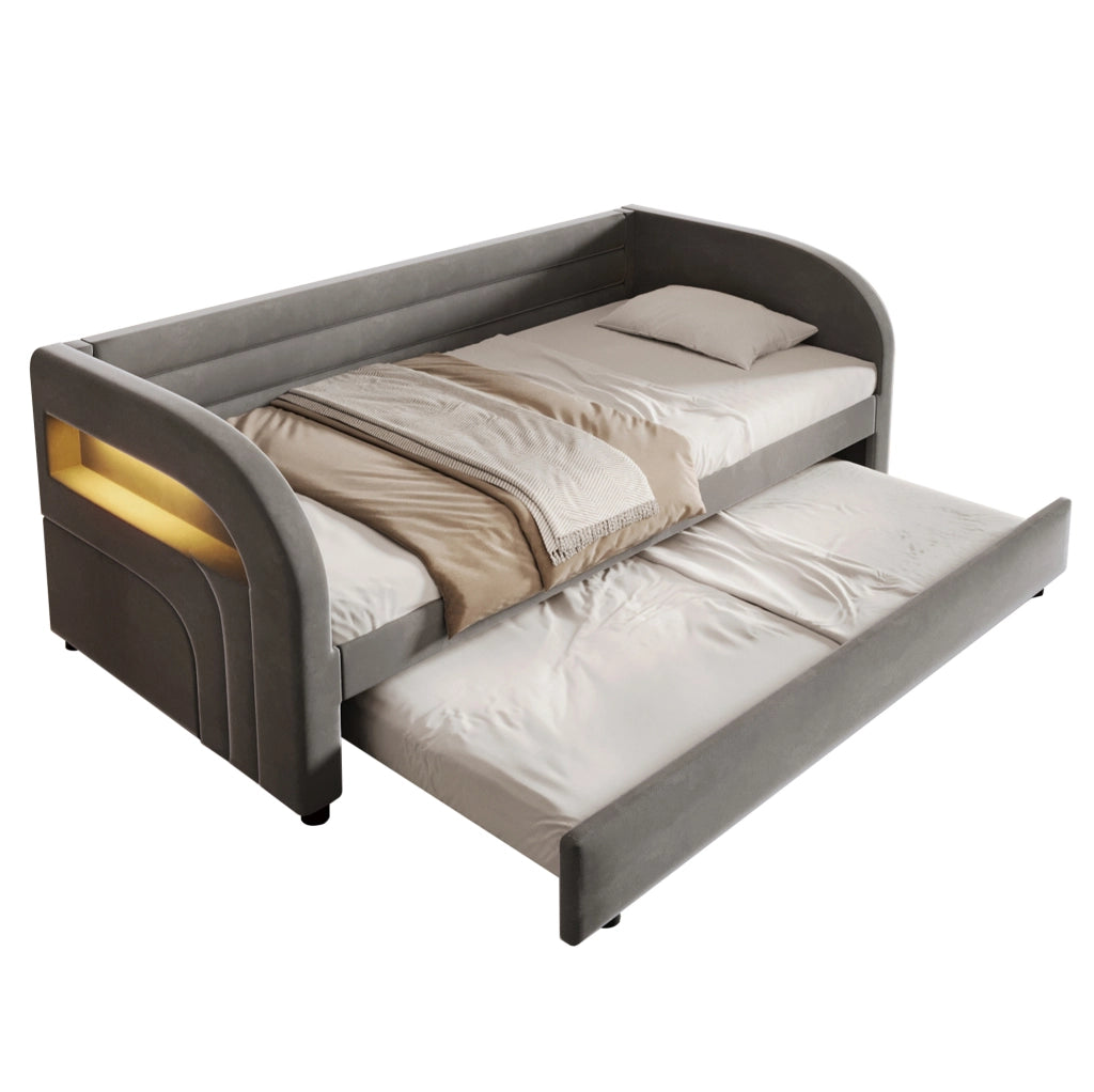 Letto imbottito 90x200 cm grigio con letto estraibile e LED