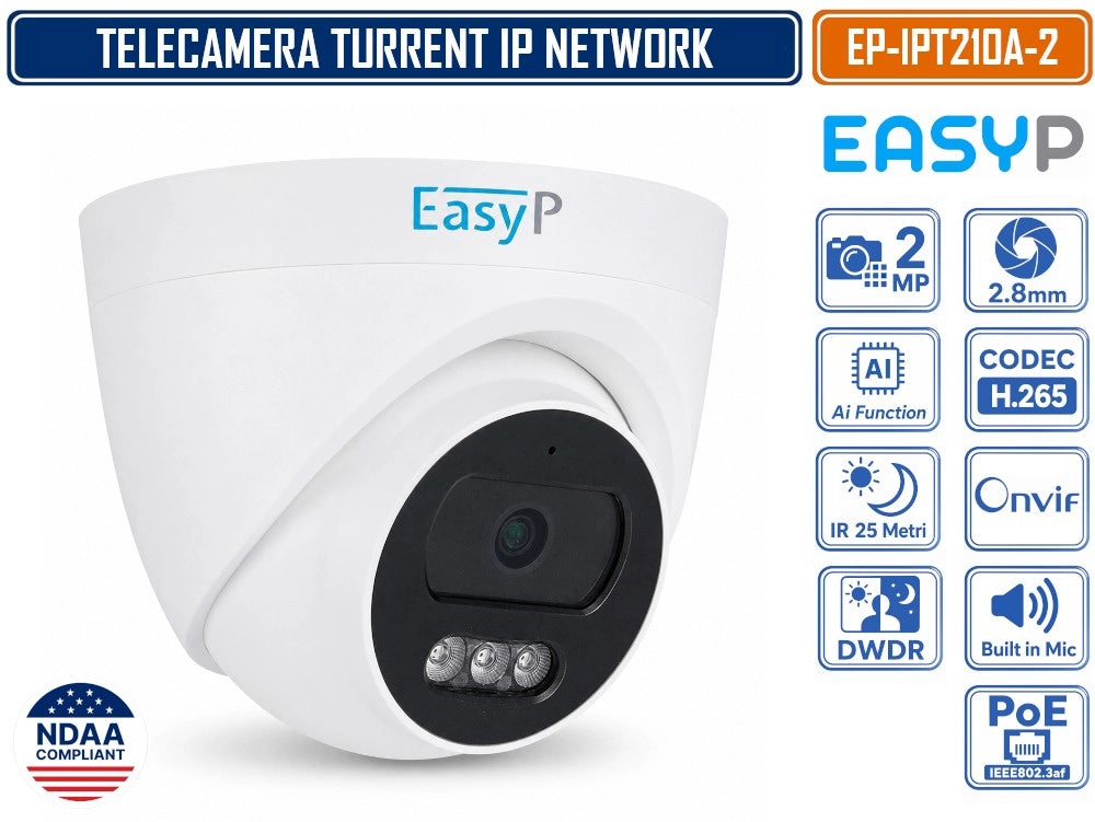 TELECAMERA TURRET IP EASY-P EP-IPT210A-2 2MP FULL HD CON INTELLIGENZA ARTIFICIALE, OTTICA 2.8 MM, IR 25M, MICROFONO INTEGRATO, POE E P2P