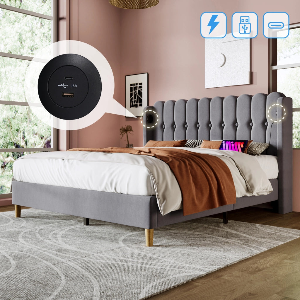 Letto matrimoniale imbottito grigio 160x200 cm con prese USB e Tipo-C
