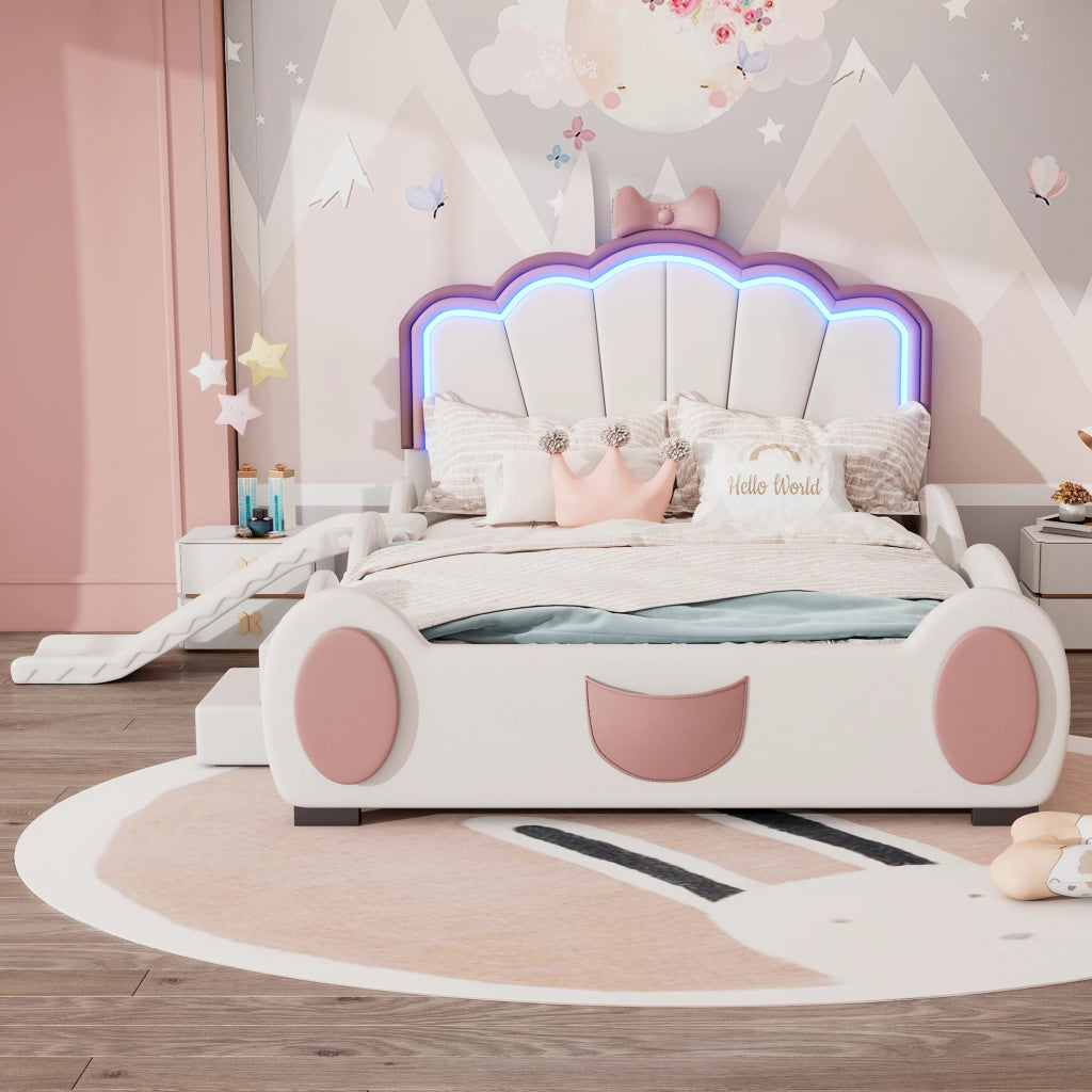 Letto per bambini a farfalla 140 × 200 cm con scivolo e scala LED multicolore in PU rosa e bianco