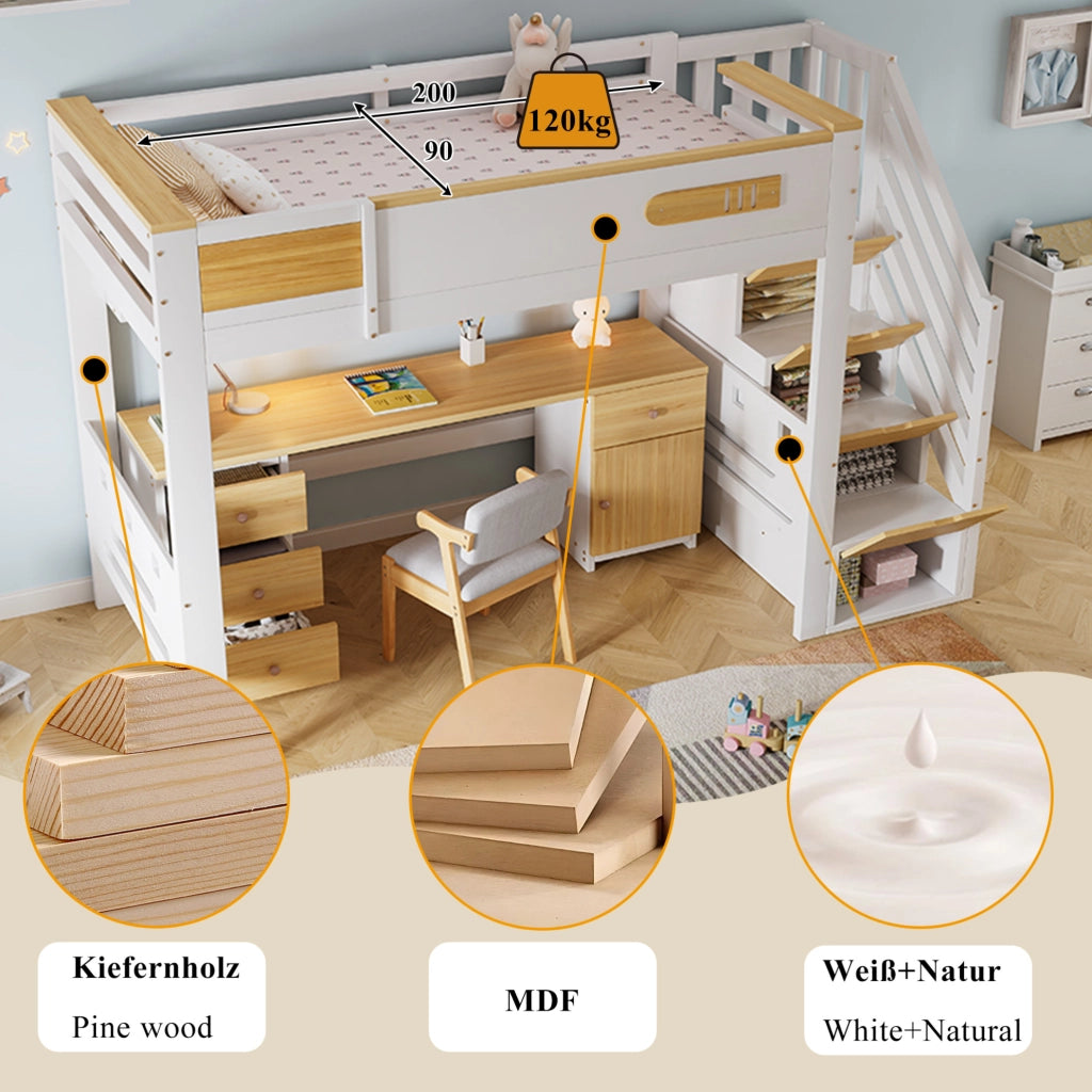 Letto a soppalco 90x200 cm bianco e naturale con scrivania