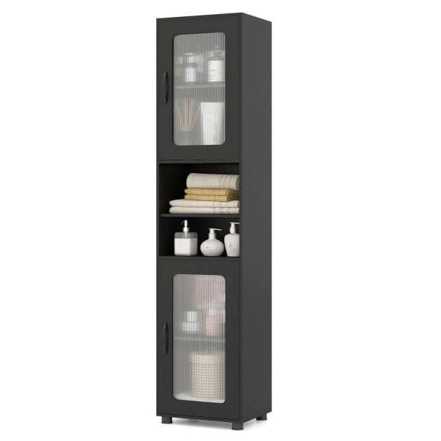 Tall Bathroom Storage Cabinet with Fluted Doors Adjustable Shelf-Dark Black