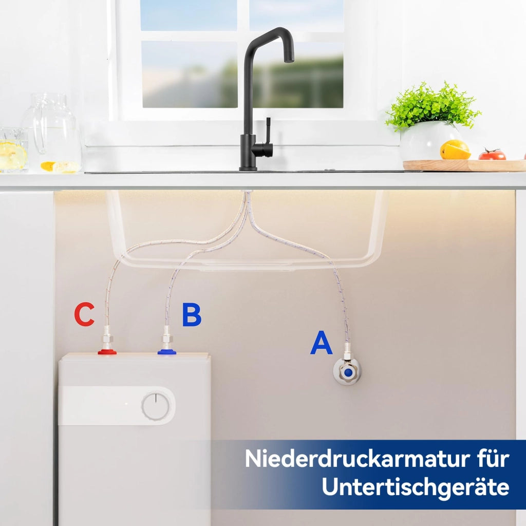 Rubinetto da cucina a bassa pressione nero, 3x tubi di collegamento G3/8, per boiler