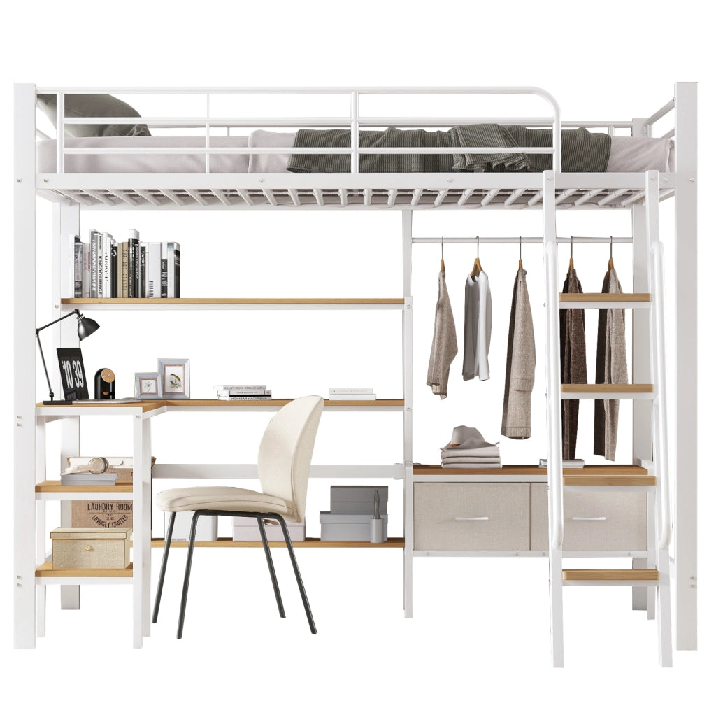 Letto a soppalco 90x200 cm con scrivania; scaffale e contenitori in metallo e MDF