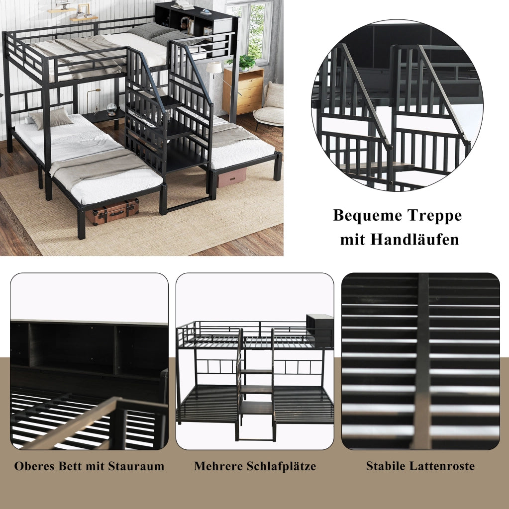 Letto a castello 3 posti 90x200 e 140x200 cm con scala e contenitore; nero
