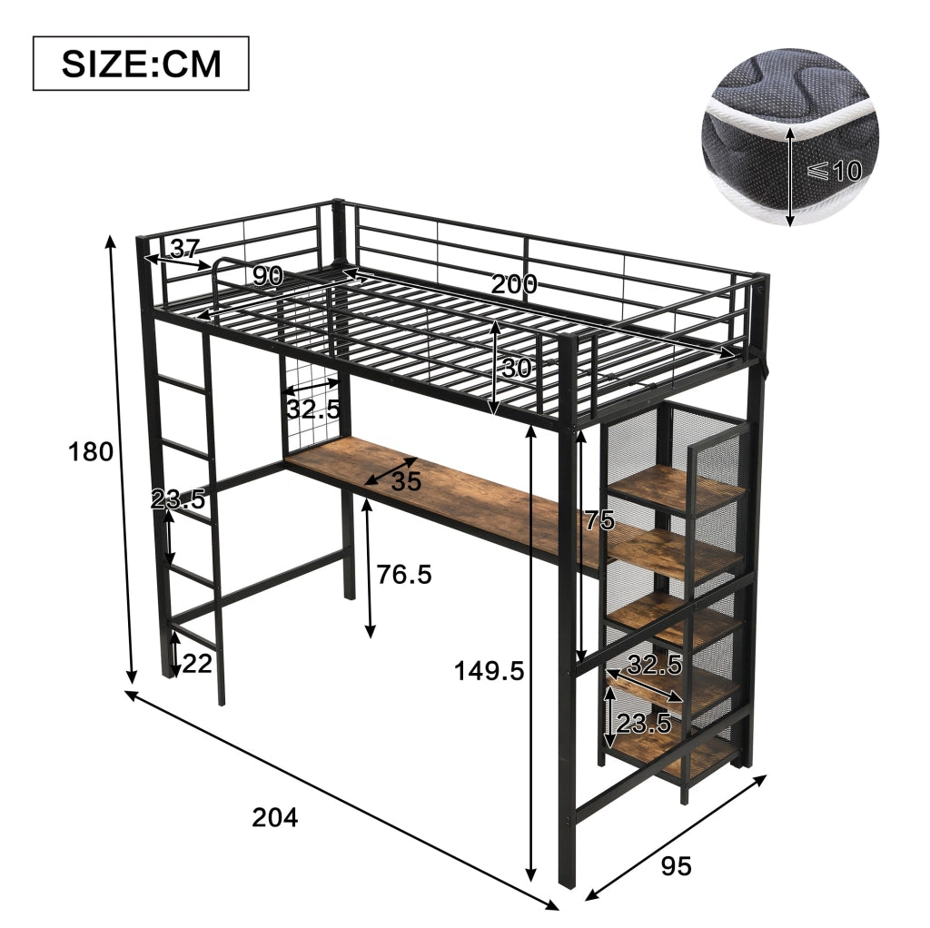 Letto a soppalco 90x200 cm con scrivania e scaffale in metallo e MDF nero